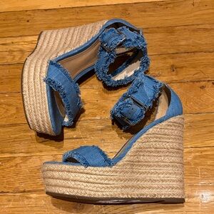 SCHUTZ Blue Frayed Denim Espadrille Wedge Sandals